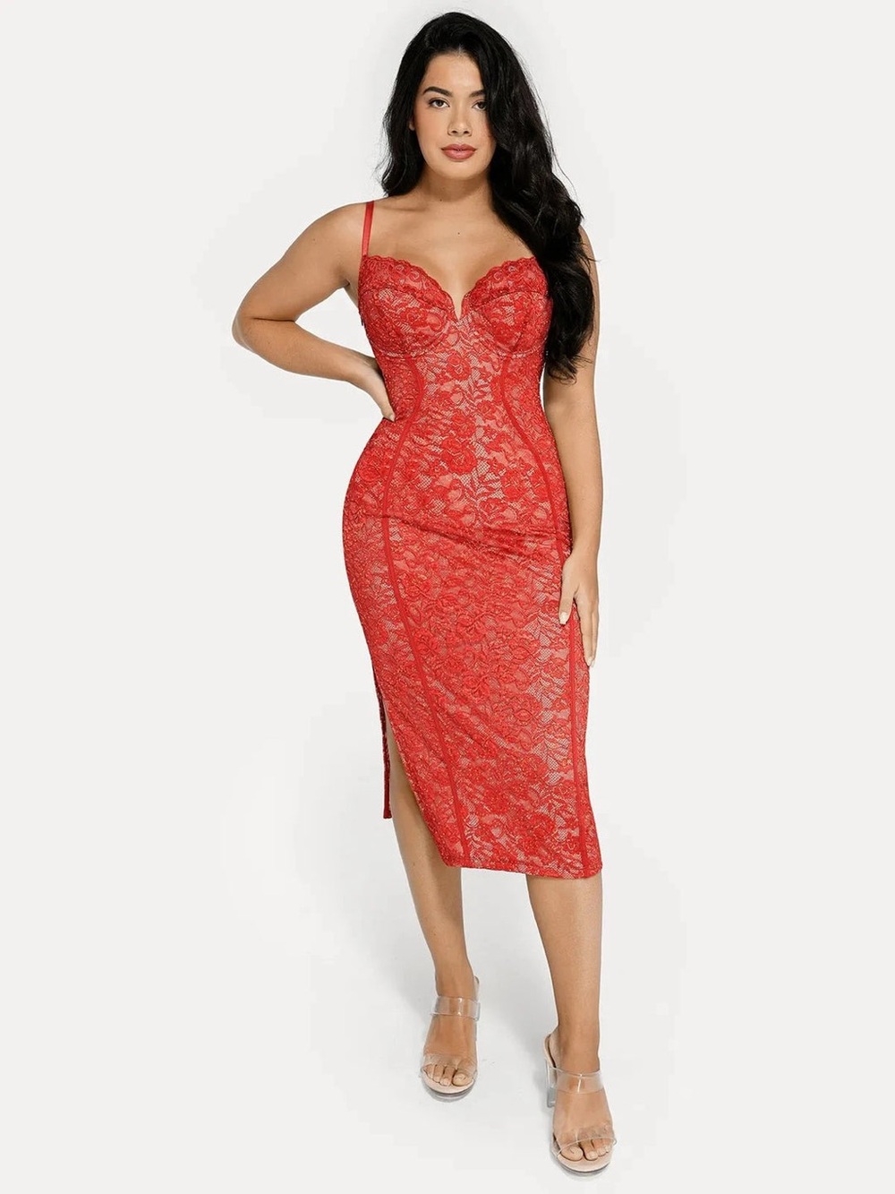 Red Lace Midi Dress with Spaghetti Straps